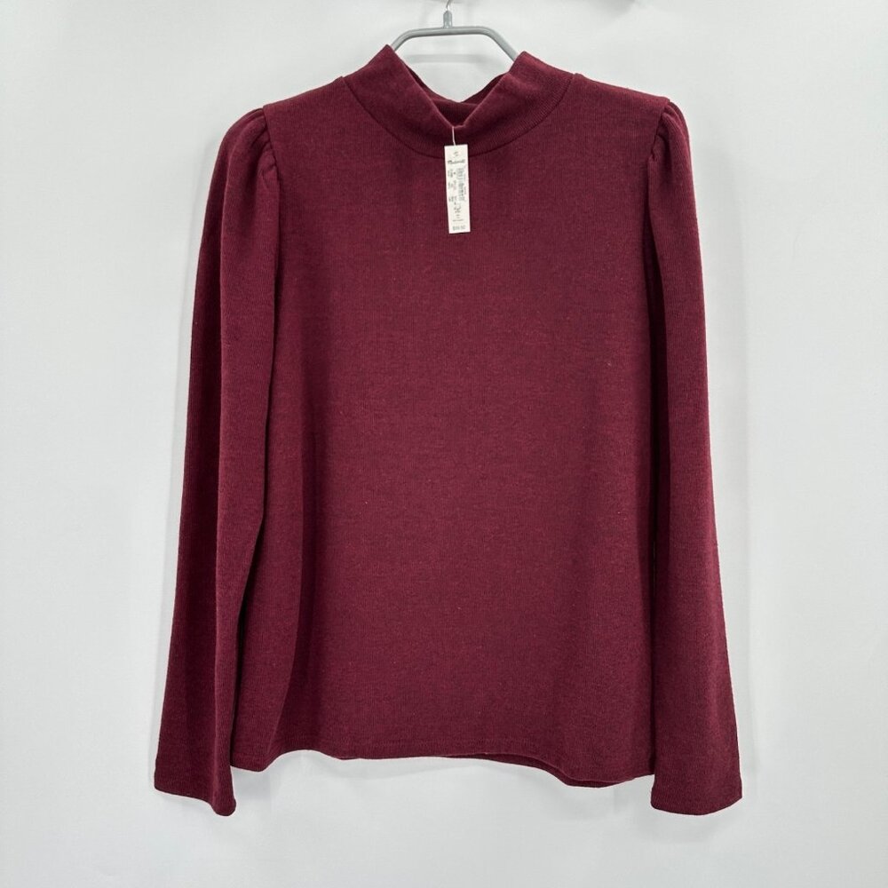 Madewell Resourced Plush Mock Neck Puff Sleeve Top in Heather Rusted Red size M